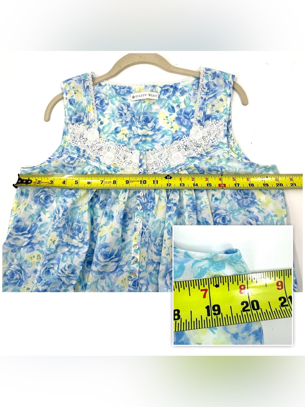 Eileen West Nightgown Sz Medium Blue Floral Lace Trim Cotton Sleeveless Cottage - Picture 8 of 9